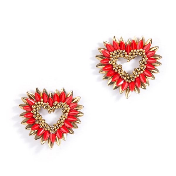 Handmade red beaded heart stud earrings