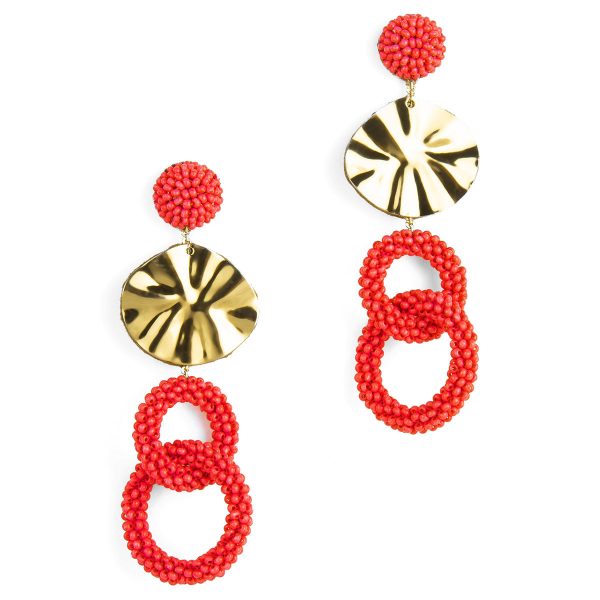 Double circle beaded drop earrings with brass accents
